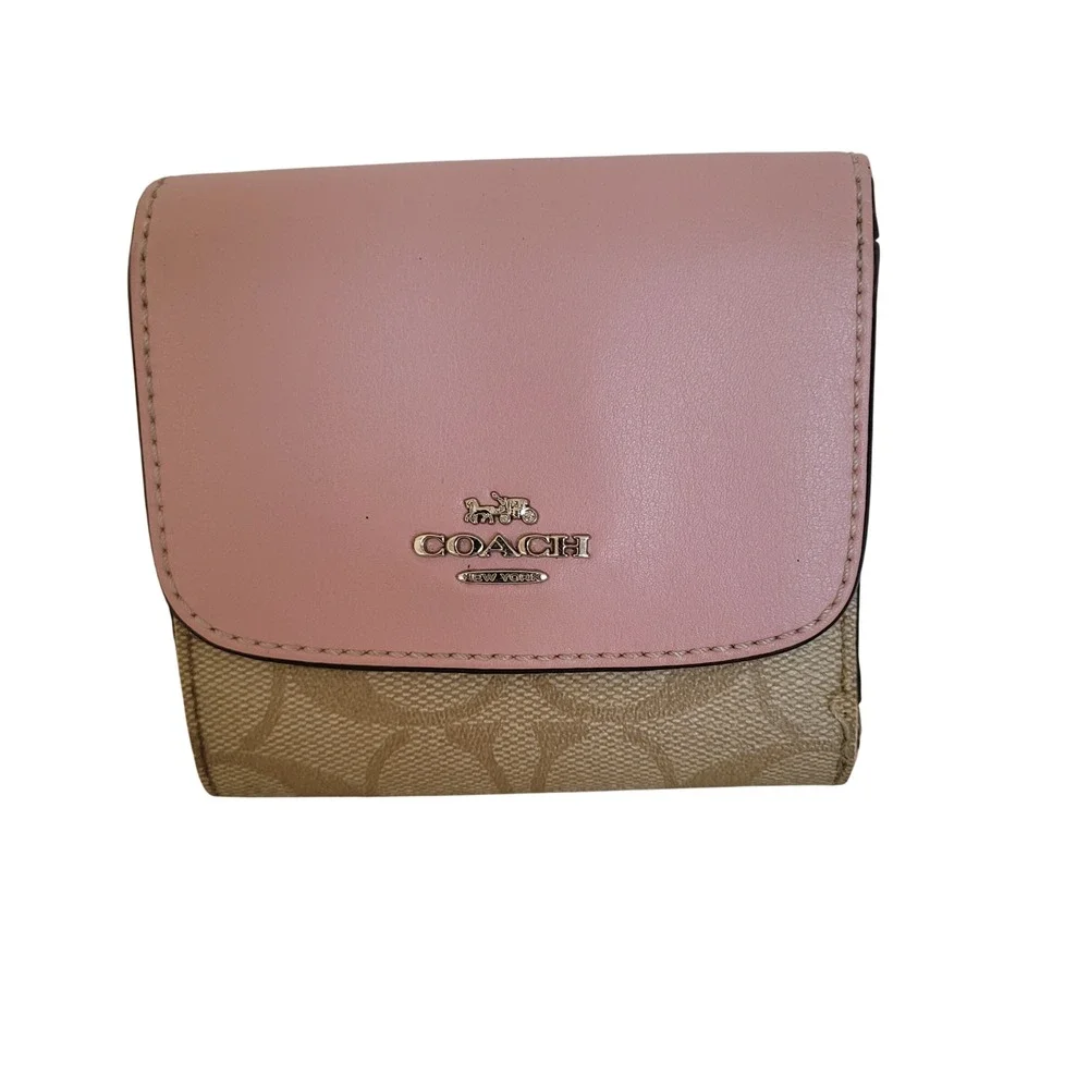 Coach Small Trifold Wallet Pink Khaki Signature Canvas Leather Trim